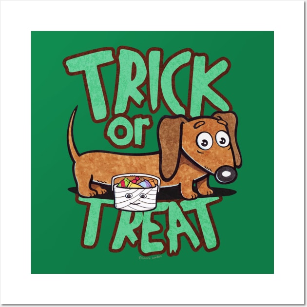 Funny and cute doxie dachshund dog going trick or treating on halloween to get more candy on a scary and spooky night Wall Art by Danny Gordon Art